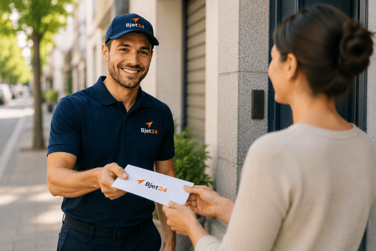 Coursier Bjet24 remettant une lettre à une cliente